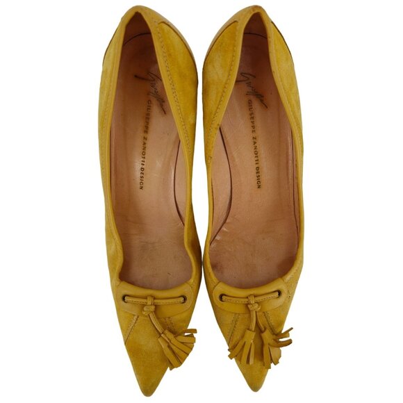 Giuseppe Zanotti Italy Mustard Suede Tasseled Kitten Heels Womens 8B Dress Shoes - Picture 8 of 11